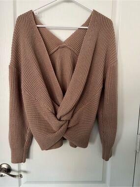 SHEIN Twist-Front V-Neck Sweater in Taupe Brown